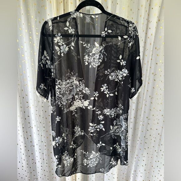 Chocolate USA Floral Sheer Short Sleeve Eyelet Lace Open Swim Cover Up Cardigan - Picture 4 of 7